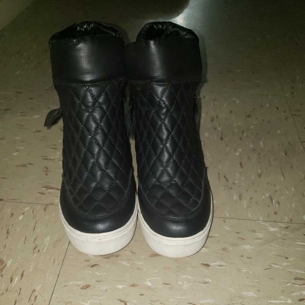 Black leather wedges